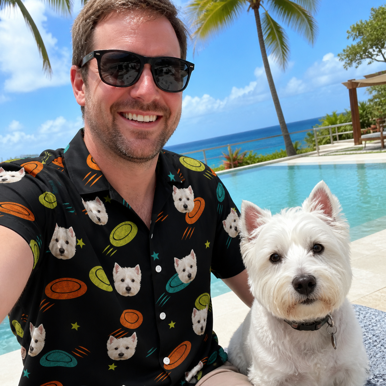 Selfie with the pet whose face is printed all over this Men's Frisbee Flingers Custom Dog Face Hawaiian Shirt