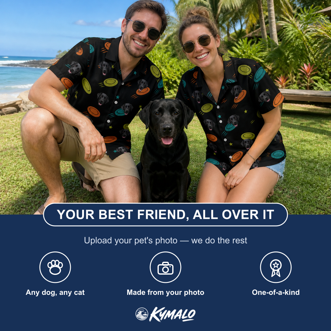 Friends in matching Men's Frisbee Flingers Custom Dog Face Hawaiian Shirt — a group gift photo