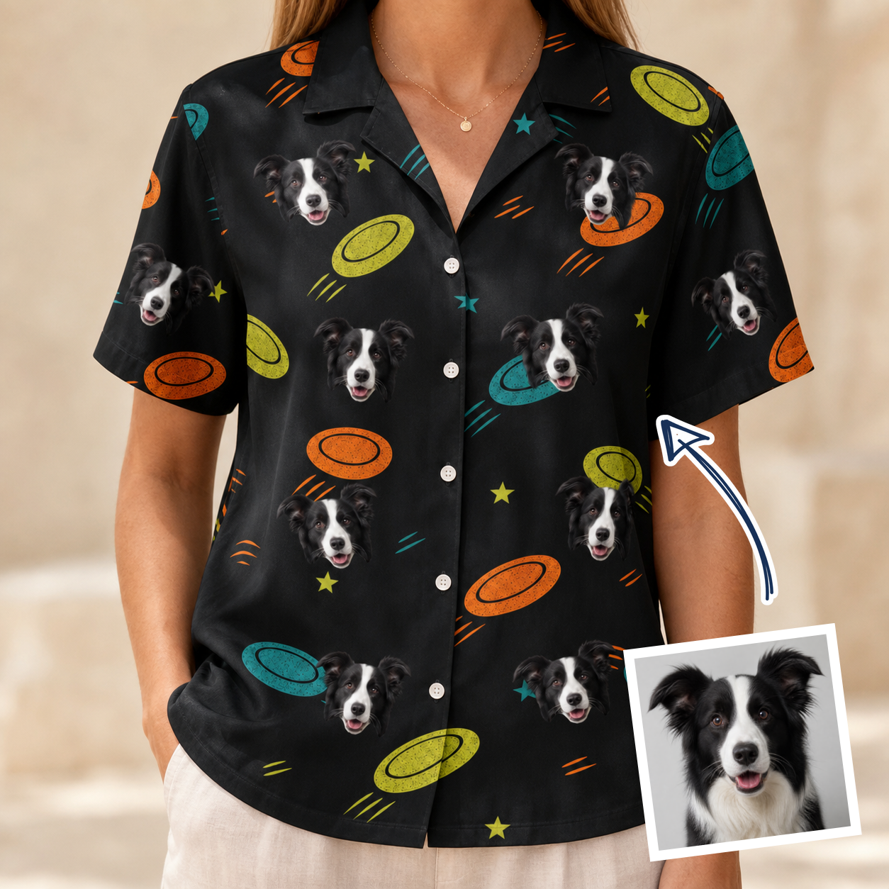 Woman wearing Women's Frisbee Flingers Custom Dog Face Hawaiian Shirt — custom faces printed all-over