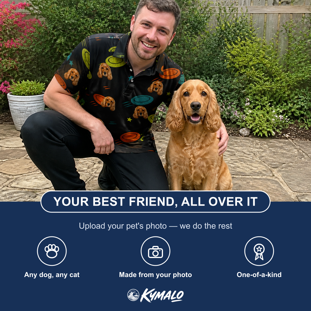 Friends in matching Men's Frisbee Flingers Custom Dog Face Polo Shirt — a group gift photo
