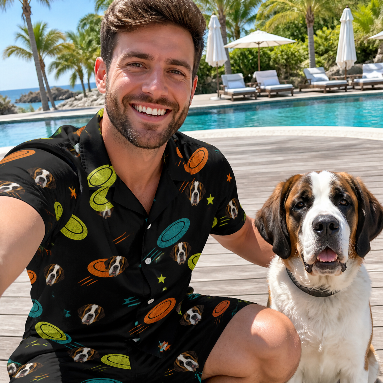 Selfie with the pet whose face is printed all over this Men's Frisbee Flingers Custom Dog Face Shirt & Shorts Set