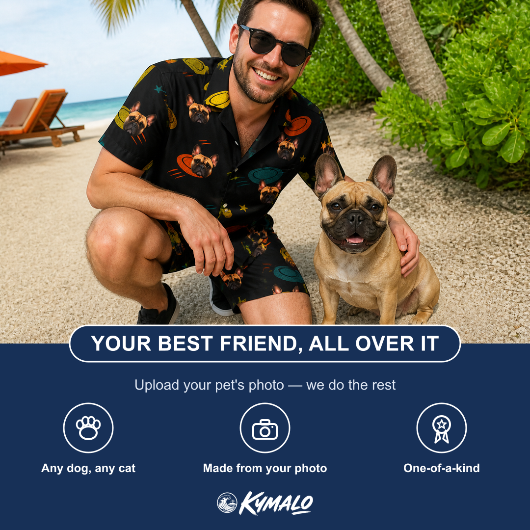 Friends in matching Men's Frisbee Flingers Custom Dog Face Shirt & Shorts Set — a group gift photo