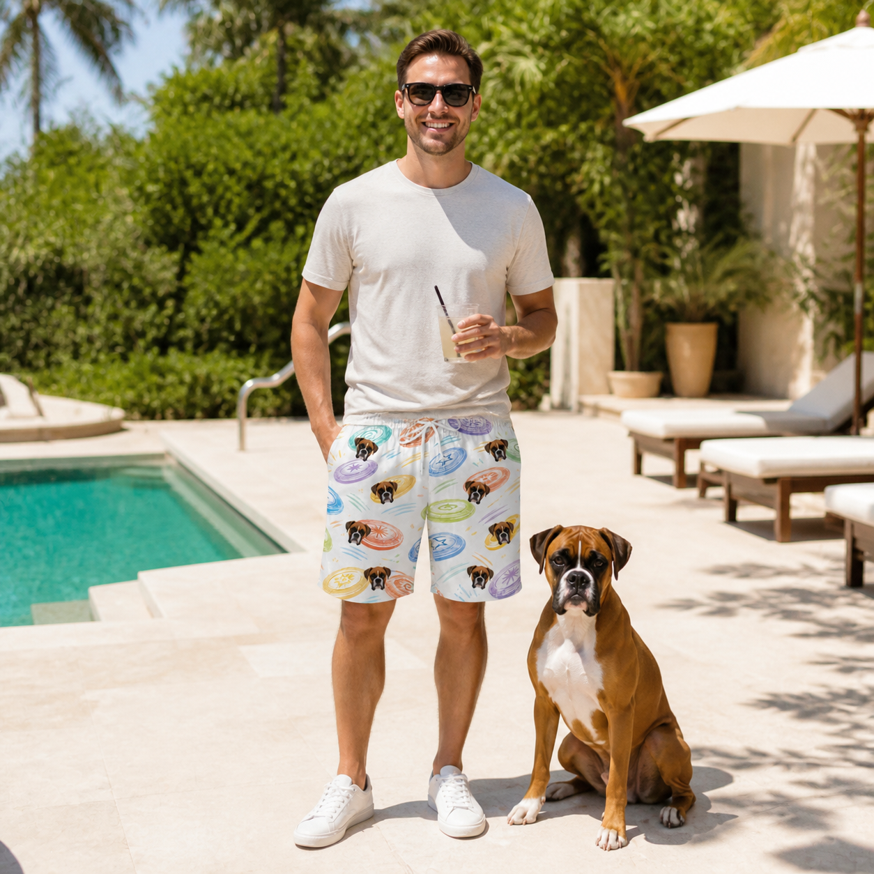 Full-length photo with the pet printed all over this Men's Disc Dogs Custom Dog Face Beach Shorts