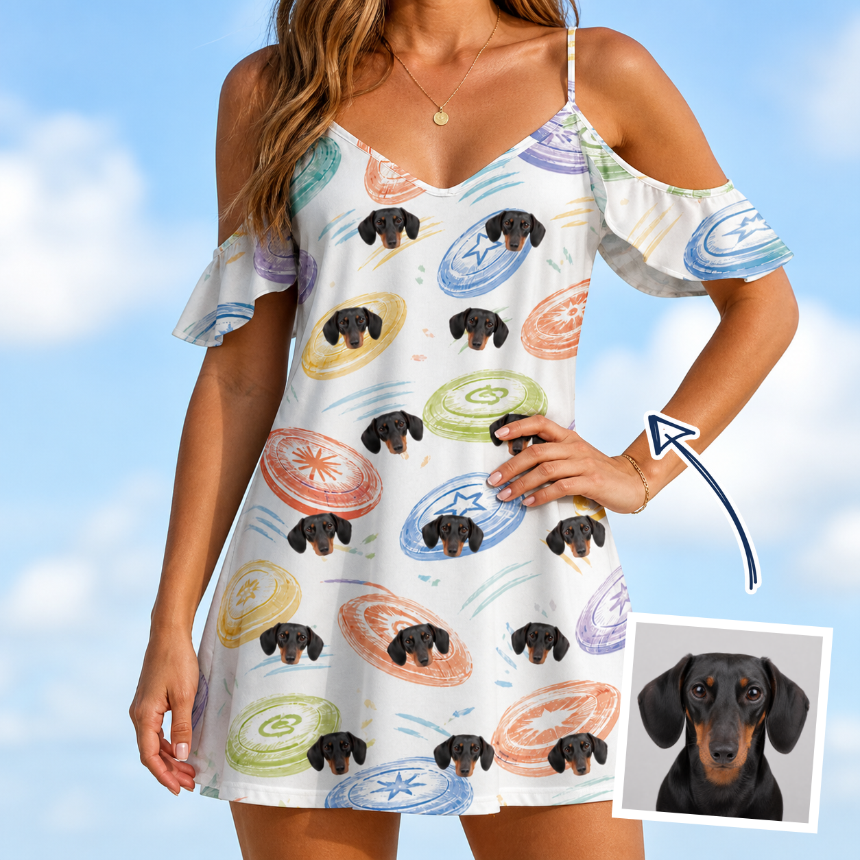 Woman wearing Women's Disc Dogs Custom Dog Face Off-Shoulder Dress — custom faces printed all-over