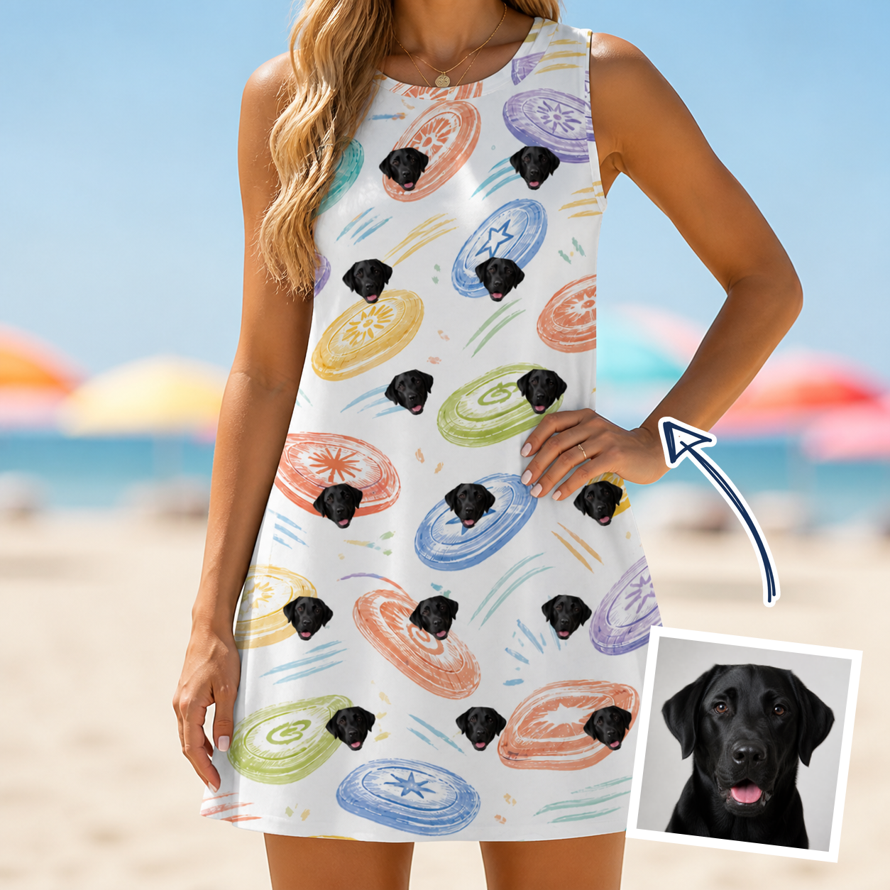 Woman wearing Women's Disc Dogs Custom Dog Face Tank Dress — custom faces printed all-over