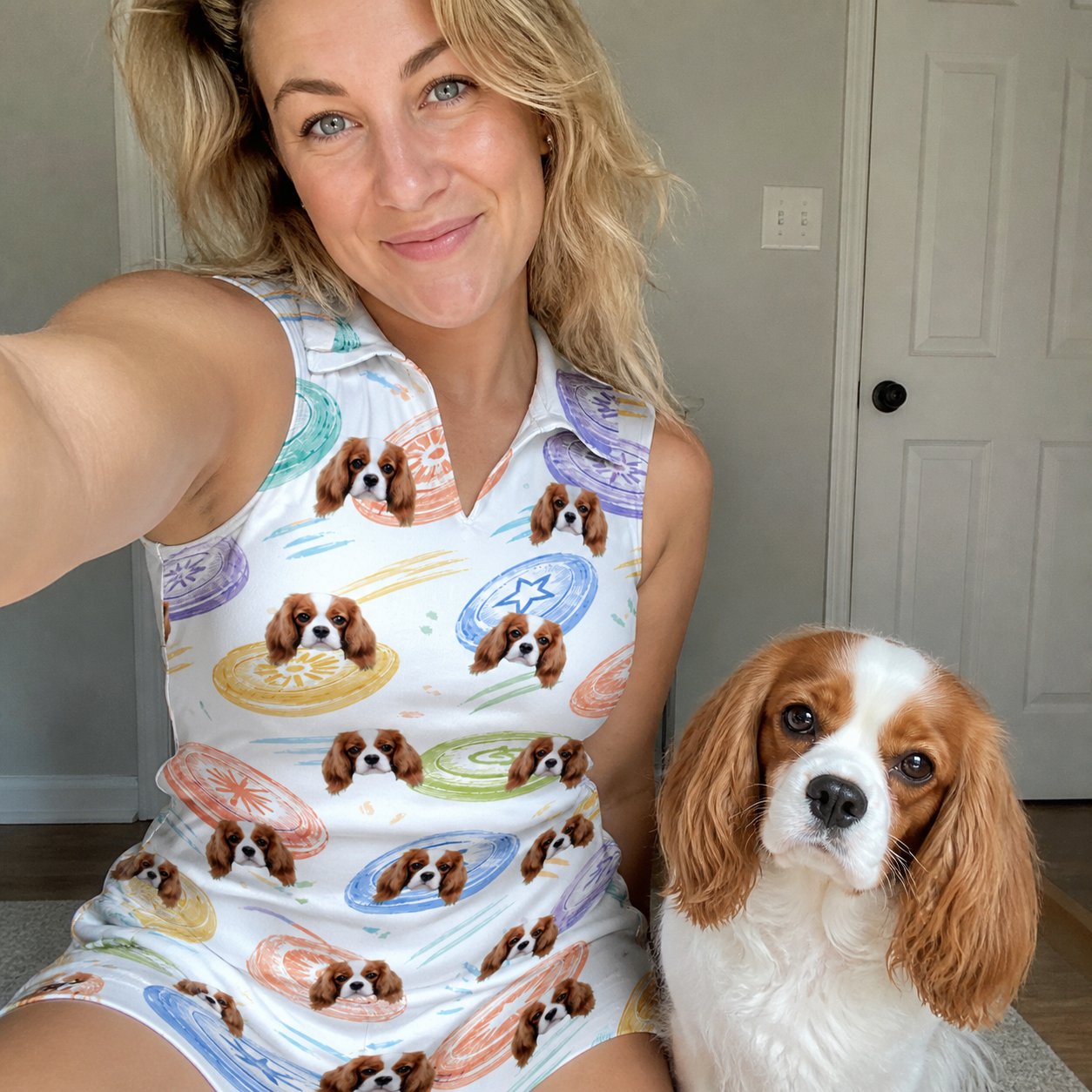 Selfie with the pet whose face is printed all over this Women's Disc Dogs Custom Dog Face V-Neck Dress