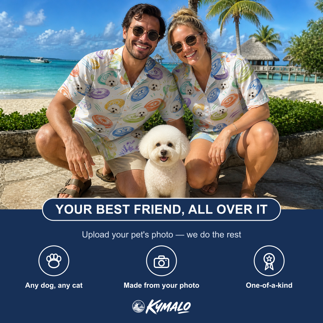Friends in matching Men's Disc Dogs Custom Dog Face Hawaiian Shirt — a group gift photo