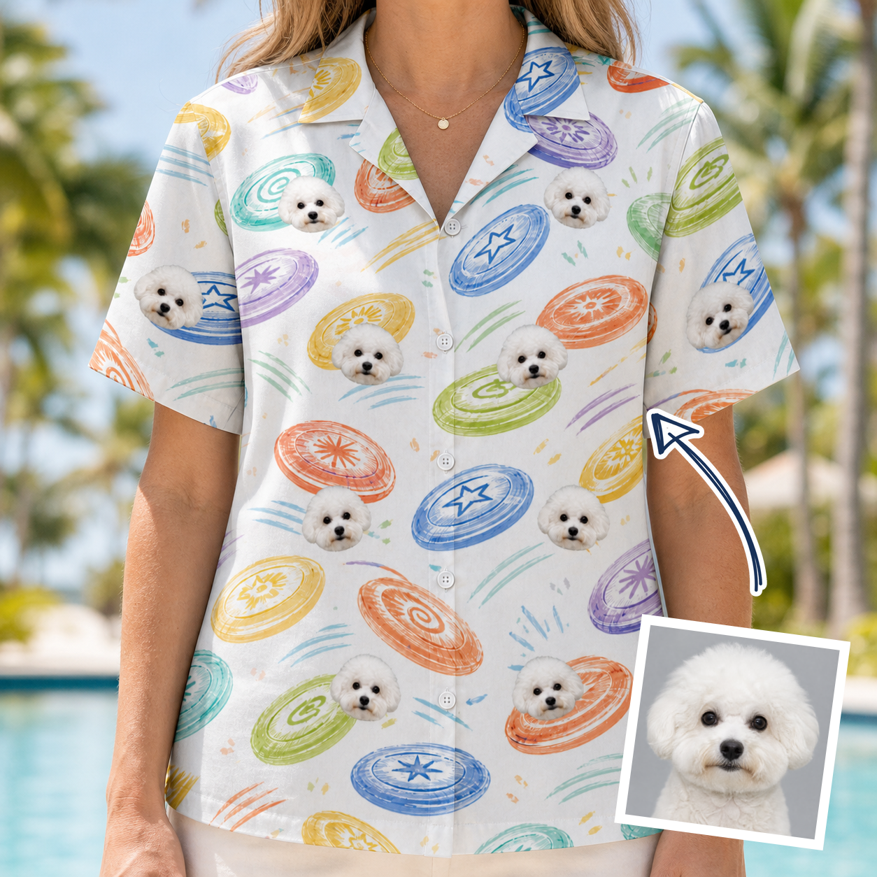 Woman wearing Women's Disc Dogs Custom Dog Face Hawaiian Shirt — custom faces printed all-over