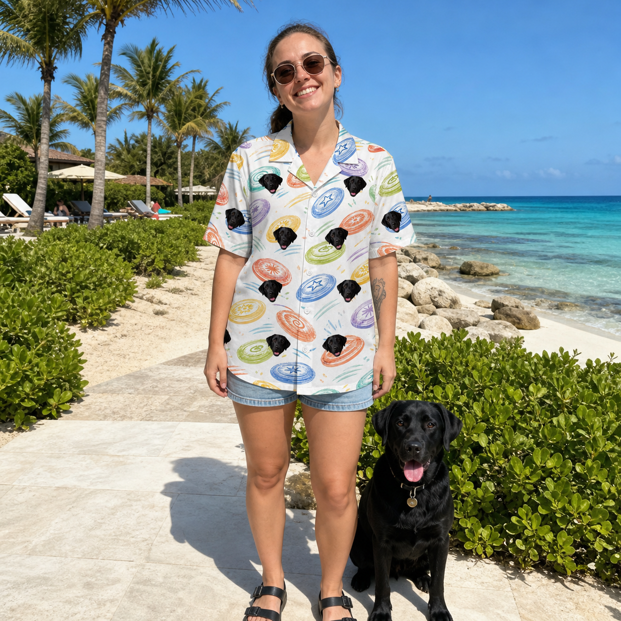 Full-length photo with the pet printed all over this Women's Disc Dogs Custom Dog Face Hawaiian Shirt