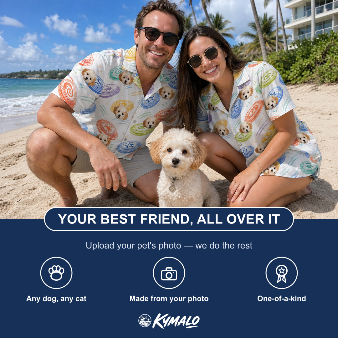 Friends in matching Women's Disc Dogs Custom Dog Face Hawaiian Shirt — a group gift photo