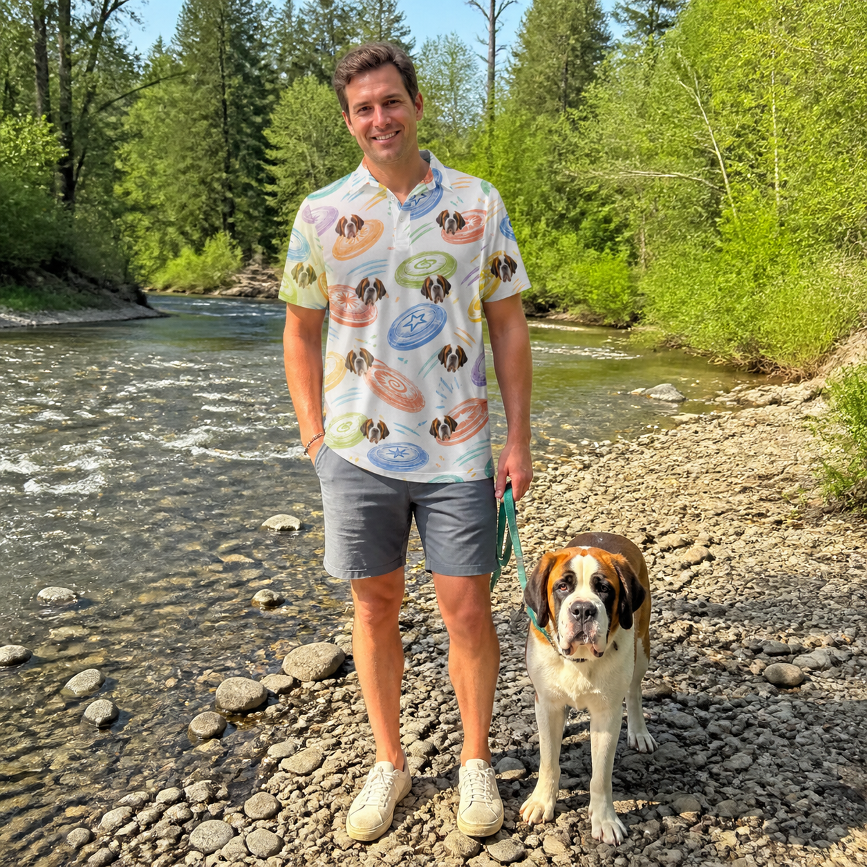 Full-length photo with the pet printed all over this Men's Disc Dogs Custom Dog Face Polo Shirt
