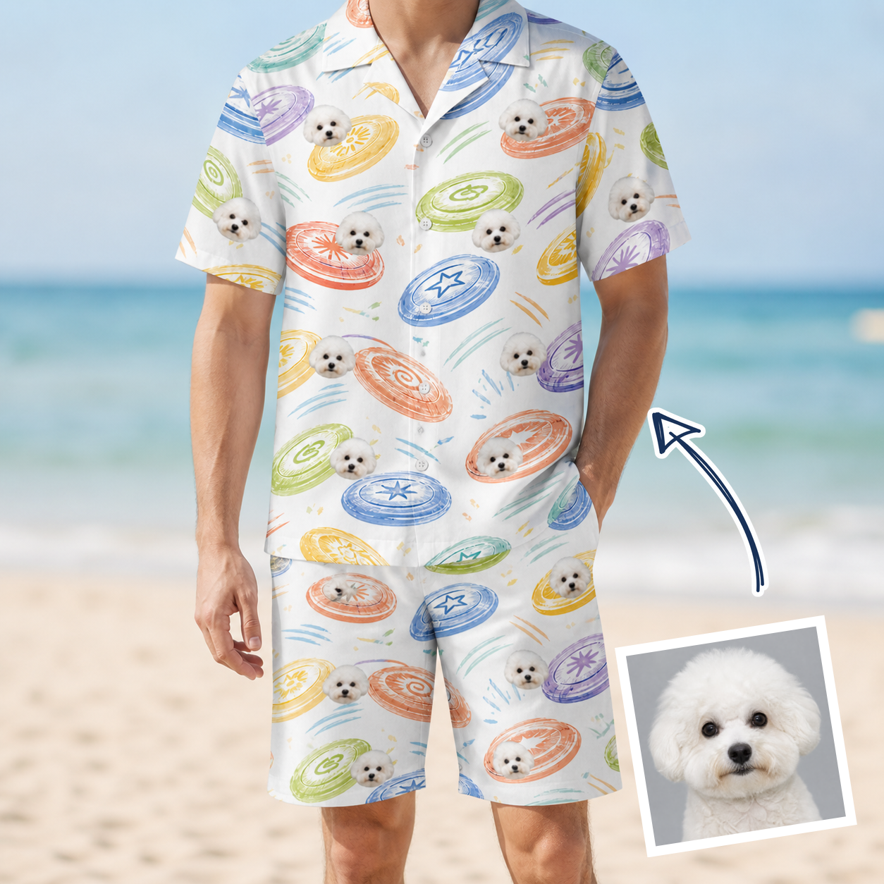 Man wearing Men's Disc Dogs Custom Dog Face Shirt & Shorts Set — custom faces printed all-over