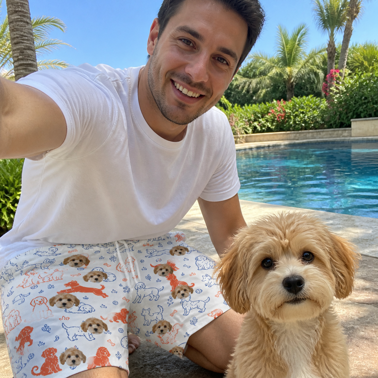 Selfie with the pet whose face is printed all over this Men's Fido Follies Custom Dog Face Beach Shorts