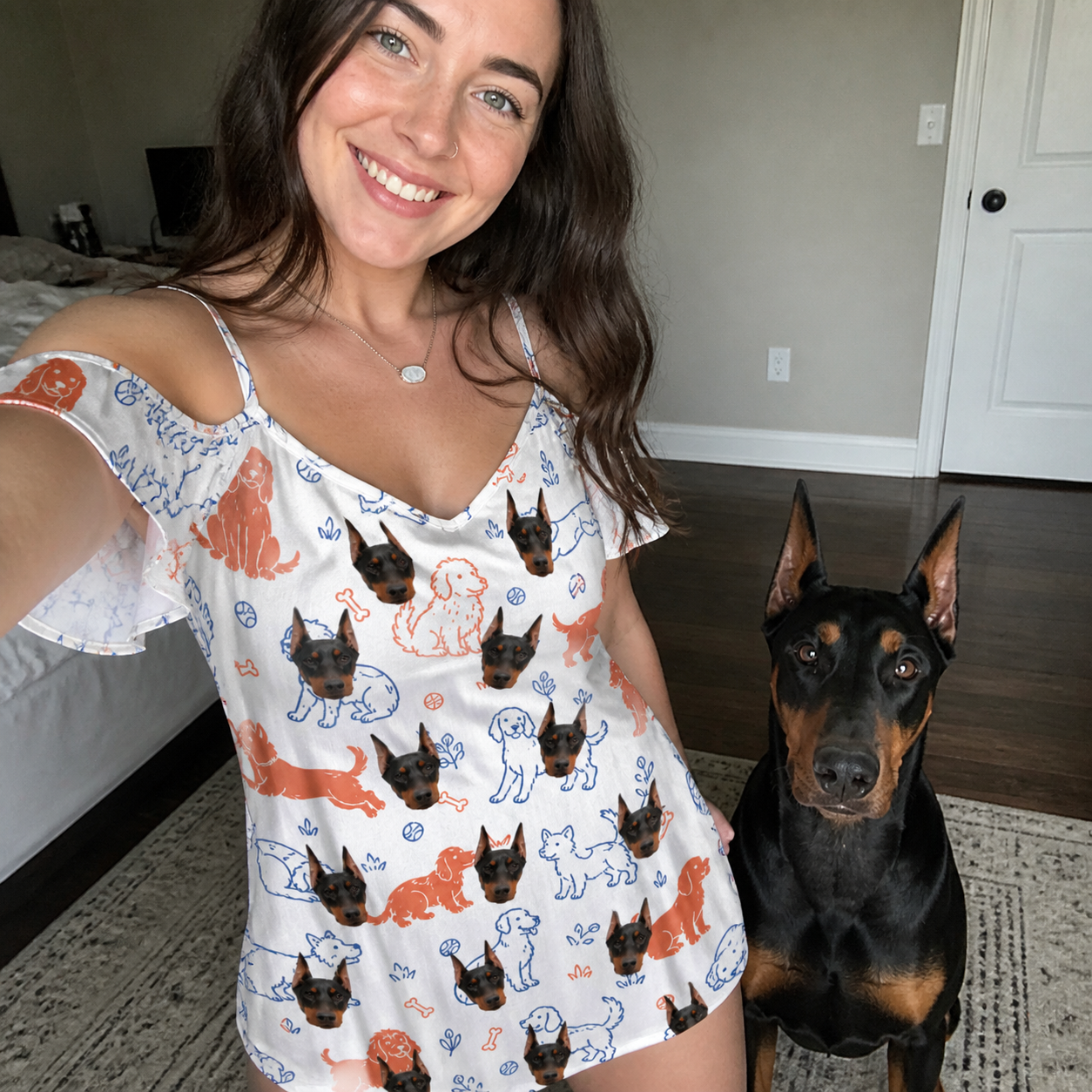 Selfie with the pet whose face is printed all over this Women's Fido Follies Custom Dog Face Off-Shoulder Dress