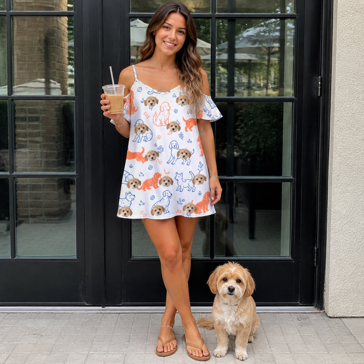 Full-length photo with the pet printed all over this Women's Fido Follies Custom Dog Face Off-Shoulder Dress