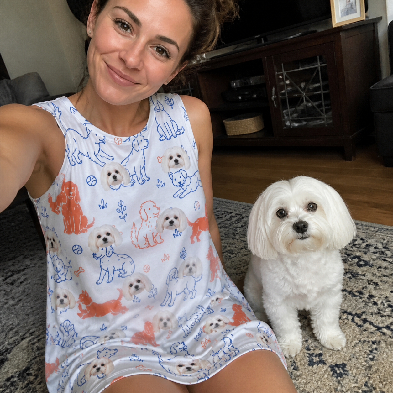 Selfie with the pet whose face is printed all over this Women's Fido Follies Custom Dog Face Tank Dress