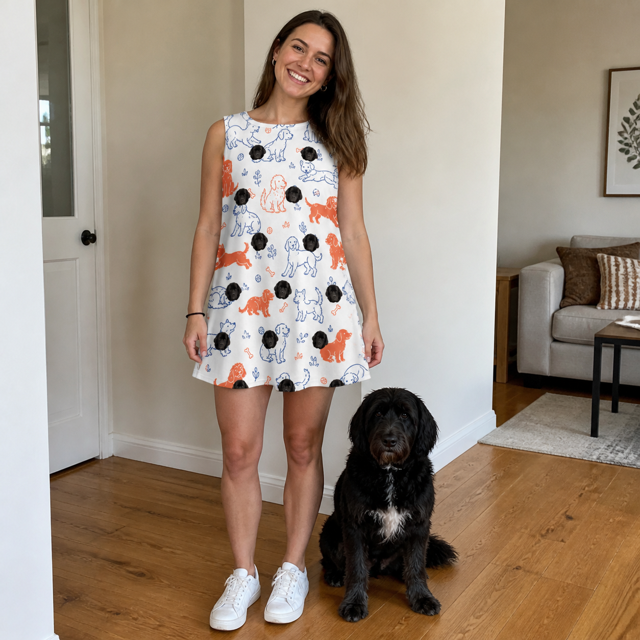 Full-length photo with the pet printed all over this Women's Fido Follies Custom Dog Face Tank Dress