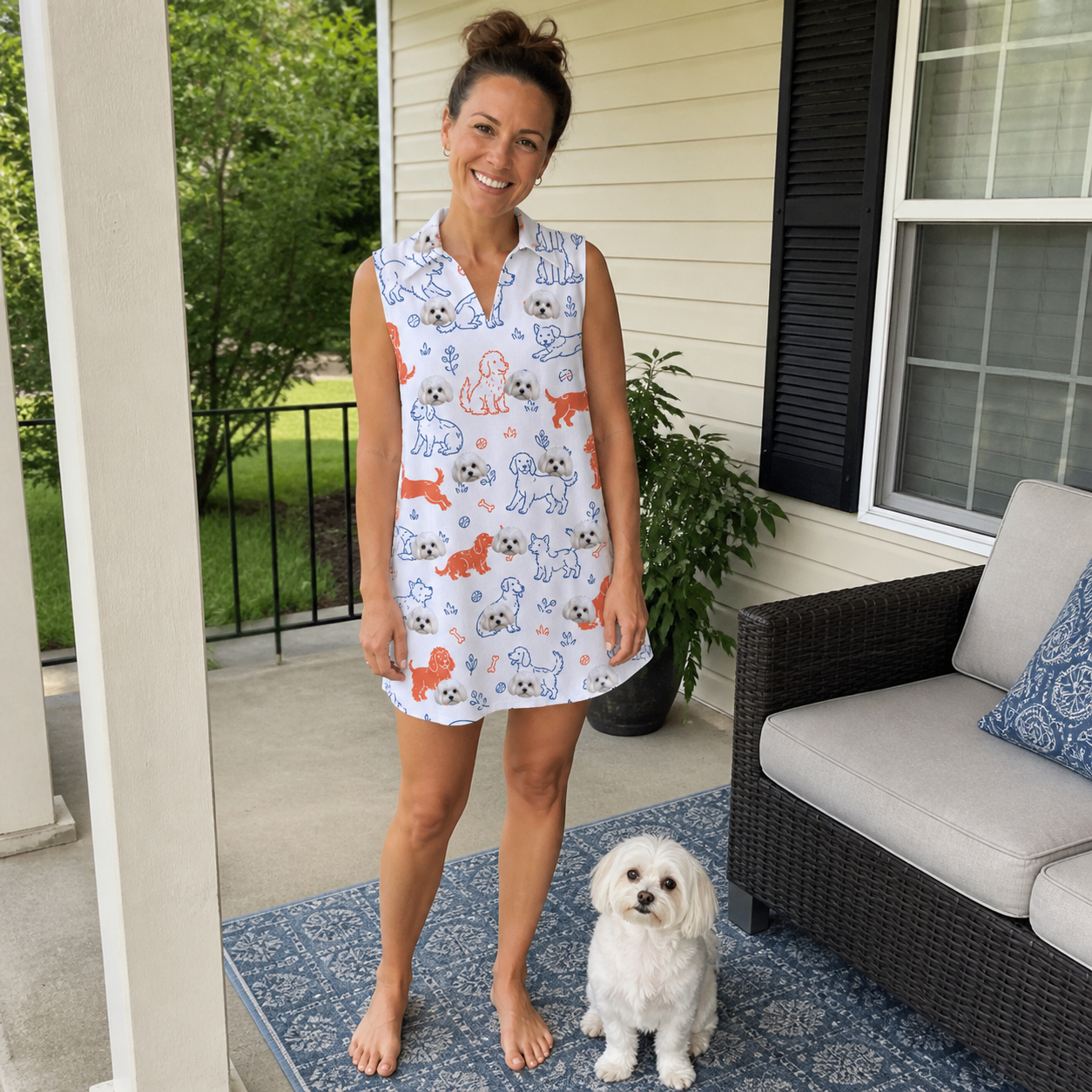 Full-length photo with the pet printed all over this Women's Fido Follies Custom Dog Face V-Neck Dress