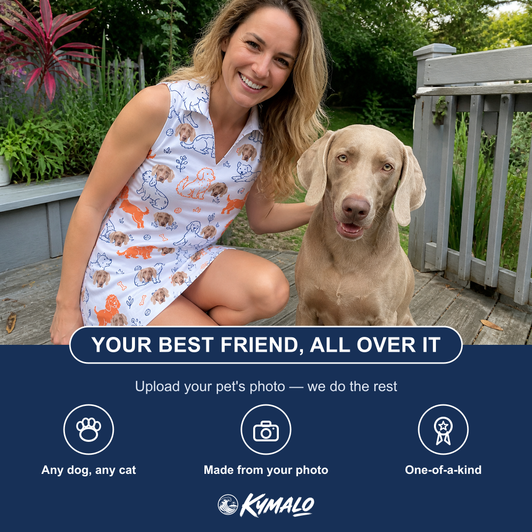 Friends in matching Women's Fido Follies Custom Dog Face V-Neck Dress — a group gift photo