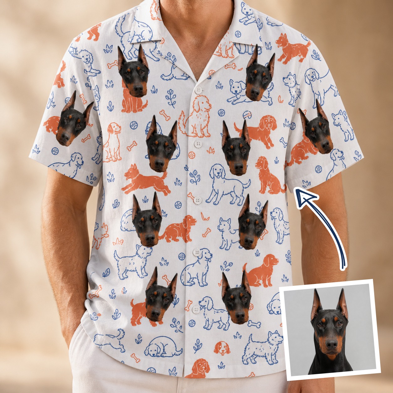 Man wearing Men's Fido Follies Custom Dog Face Hawaiian Shirt — custom faces printed all-over
