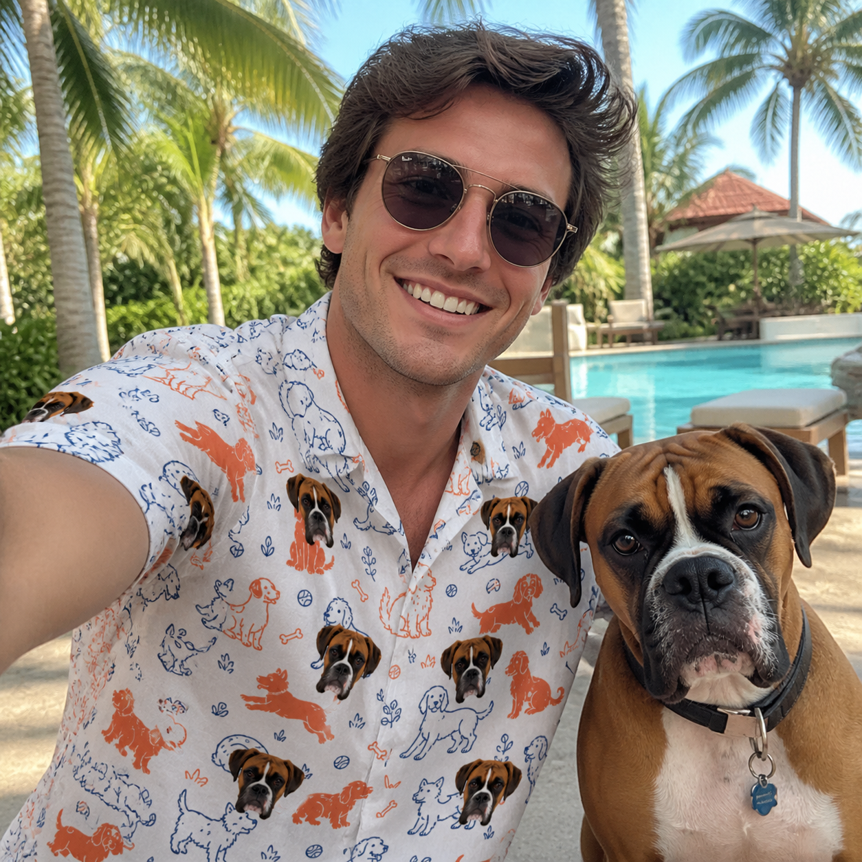 Selfie with the pet whose face is printed all over this Men's Fido Follies Custom Dog Face Hawaiian Shirt