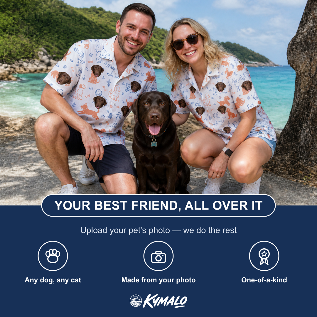 Friends in matching Men's Fido Follies Custom Dog Face Hawaiian Shirt — a group gift photo