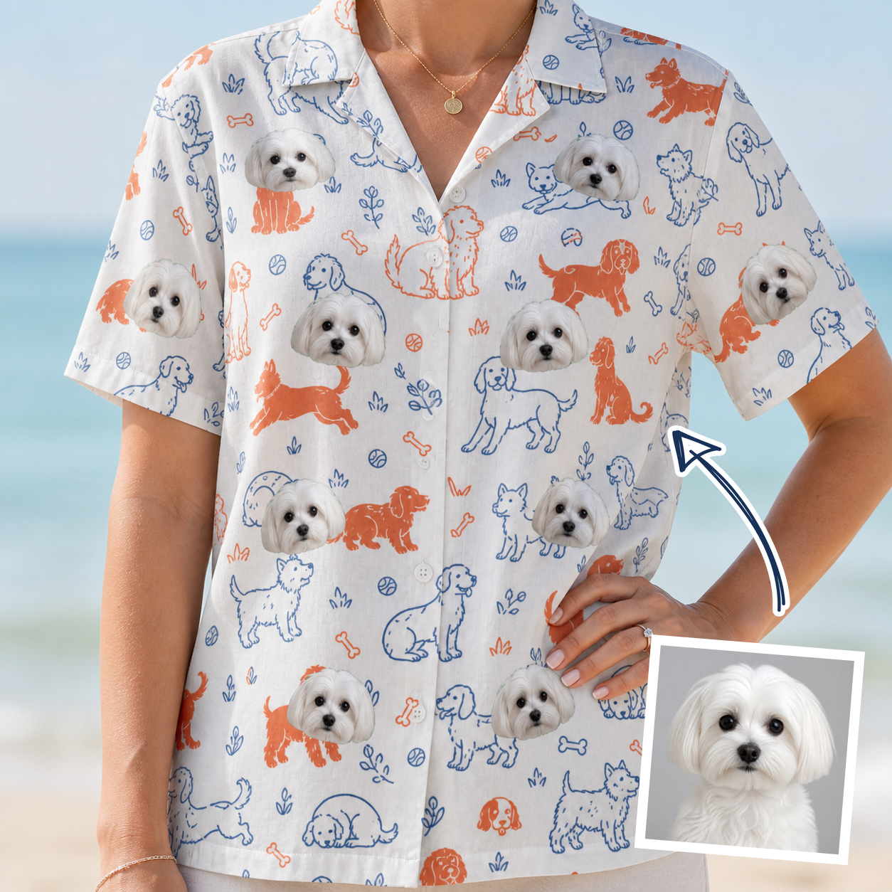 Woman wearing Women's Fido Follies Custom Dog Face Hawaiian Shirt — custom faces printed all-over