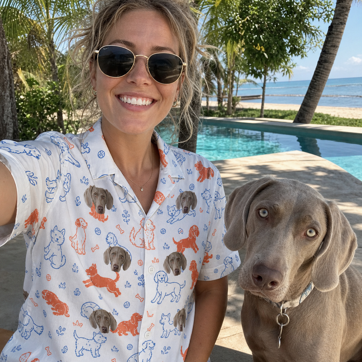 Selfie with the pet whose face is printed all over this Women's Fido Follies Custom Dog Face Hawaiian Shirt