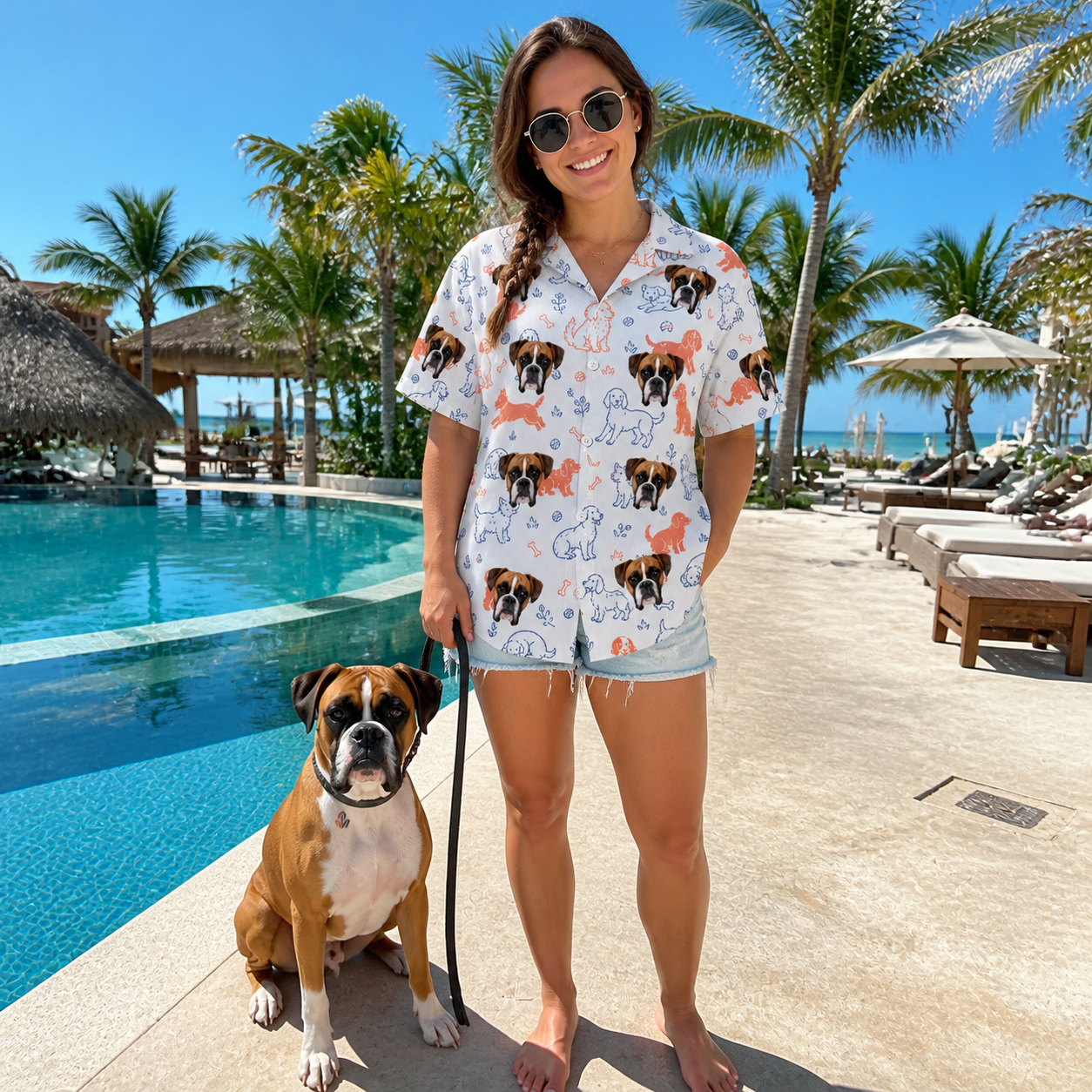 Full-length photo with the pet printed all over this Women's Fido Follies Custom Dog Face Hawaiian Shirt