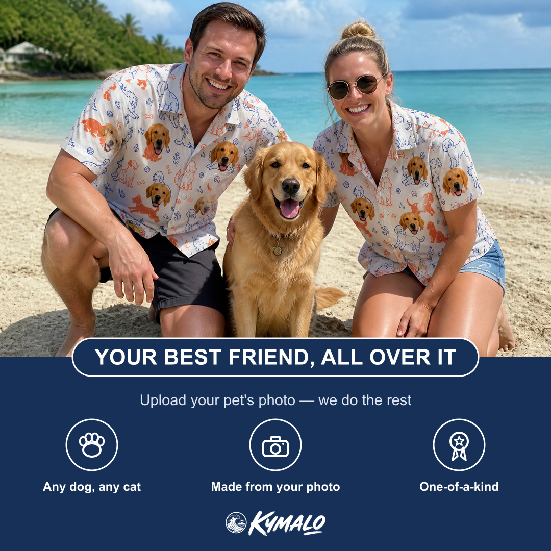Friends in matching Women's Fido Follies Custom Dog Face Hawaiian Shirt — a group gift photo