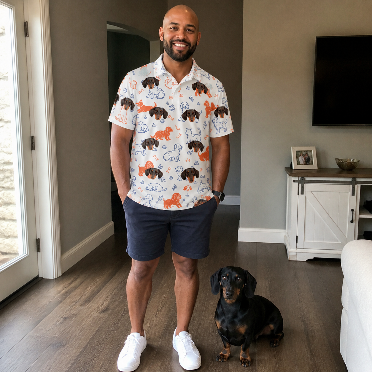 Full-length photo with the pet printed all over this Men's Fido Follies Custom Dog Face Polo Shirt