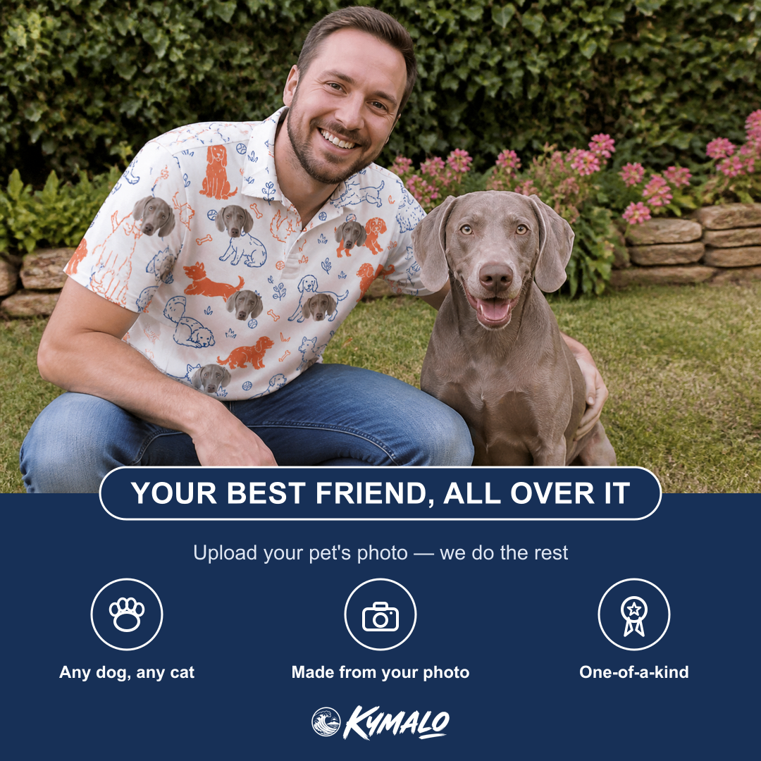 Friends in matching Men's Fido Follies Custom Dog Face Polo Shirt — a group gift photo