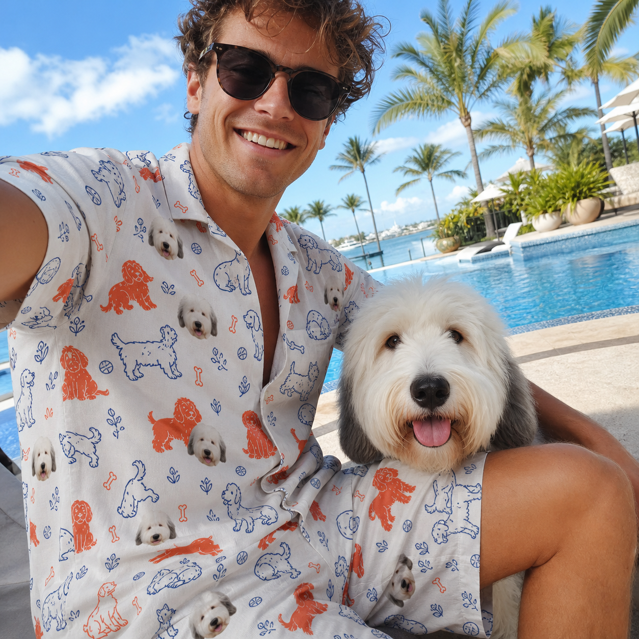Selfie with the pet whose face is printed all over this Men's Fido Follies Custom Dog Face Shirt & Shorts Set