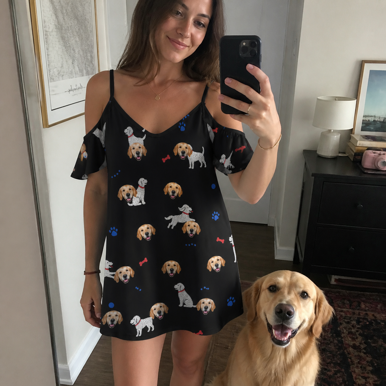 Selfie with the pet whose face is printed all over this Women's Doggo Dandies Custom Dog Face Off-Shoulder Dress