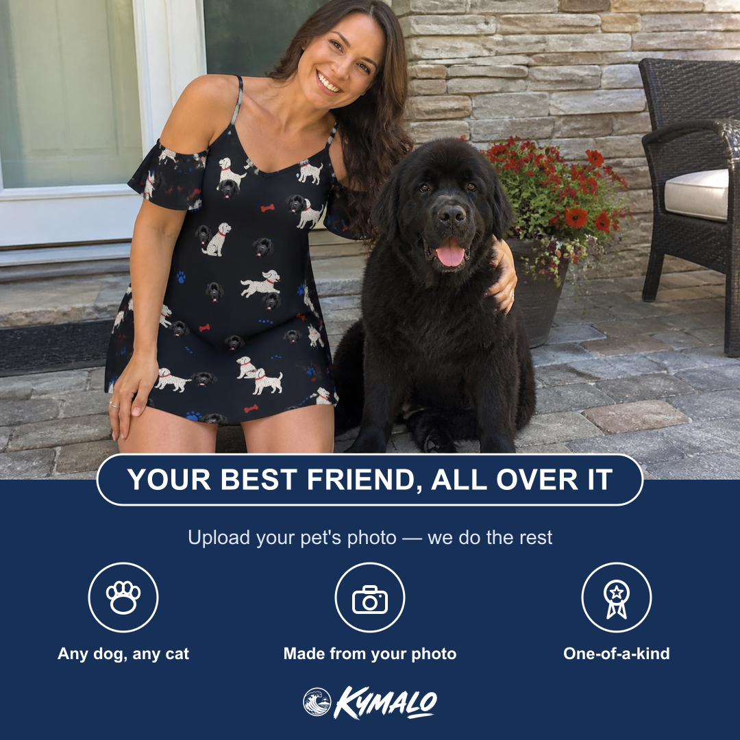 Friends in matching Women's Doggo Dandies Custom Dog Face Off-Shoulder Dress — a group gift photo