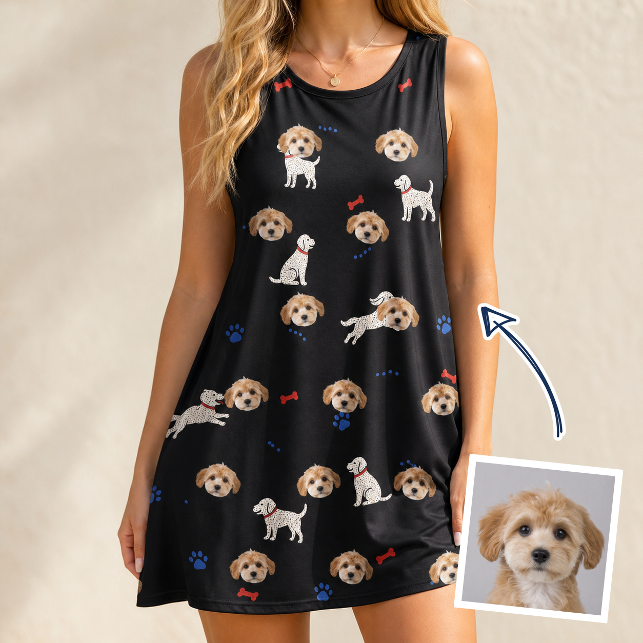 Woman wearing Women's Doggo Dandies Custom Dog Face Tank Dress — custom faces printed all-over