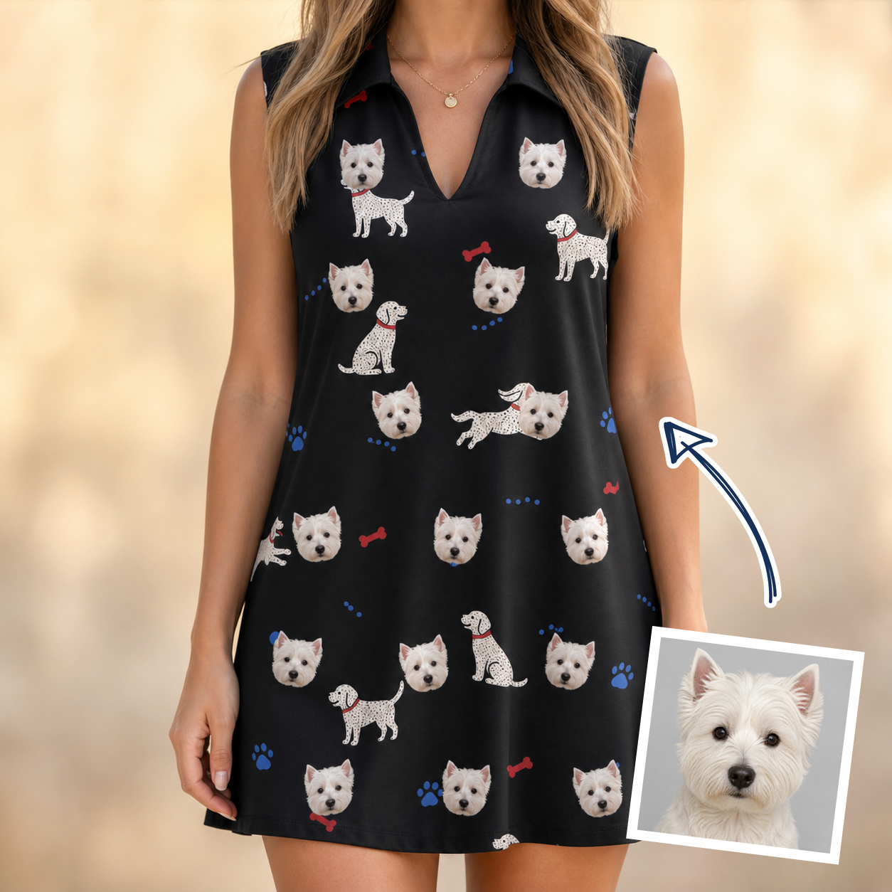 Woman wearing Women's Doggo Dandies Custom Dog Face V-Neck Dress — custom faces printed all-over
