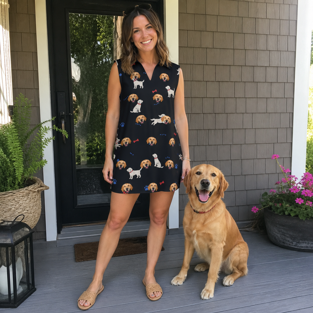 Full-length photo with the pet printed all over this Women's Doggo Dandies Custom Dog Face V-Neck Dress