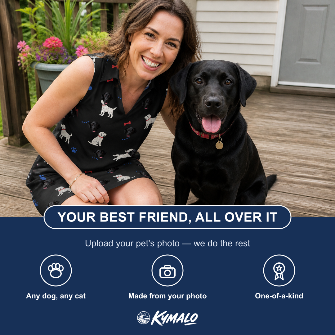 Friends in matching Women's Doggo Dandies Custom Dog Face V-Neck Dress — a group gift photo