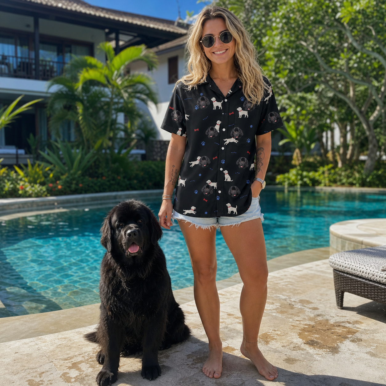 Full-length photo with the pet printed all over this Women's Doggo Dandies Custom Dog Face Hawaiian Shirt