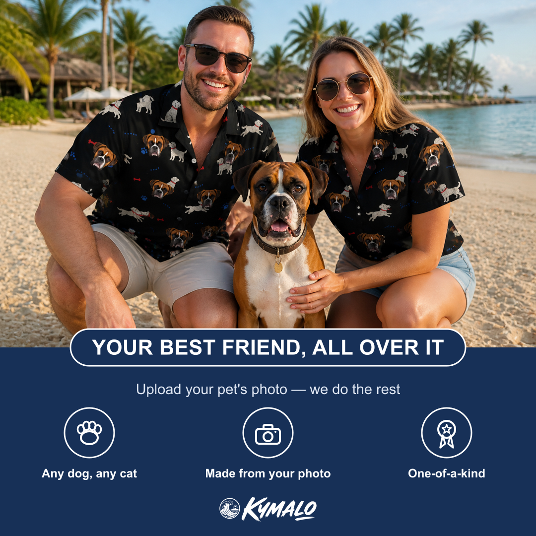 Friends in matching Women's Doggo Dandies Custom Dog Face Hawaiian Shirt — a group gift photo
