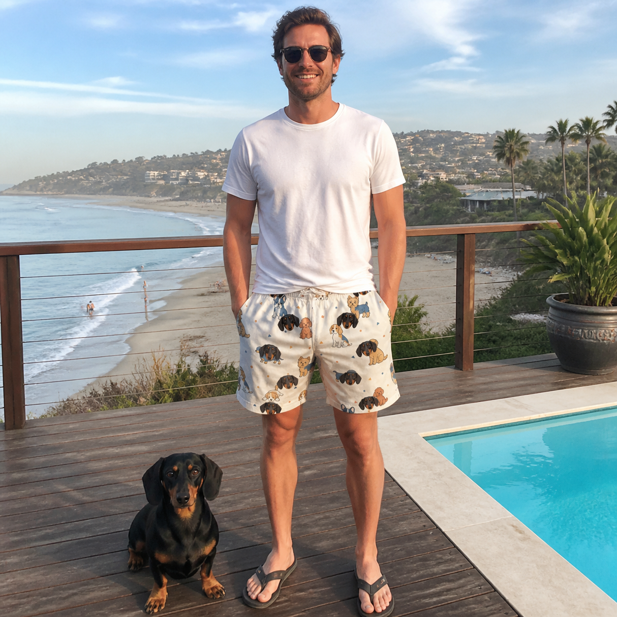 Full-length photo with the pet printed all over this Men's Woof Whimsy Custom Dog Face Beach Shorts
