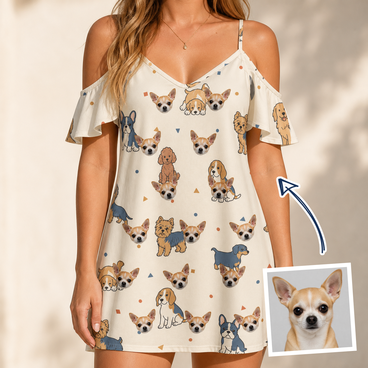 Woman wearing Women's Woof Whimsy Custom Dog Face Off-Shoulder Dress — custom faces printed all-over