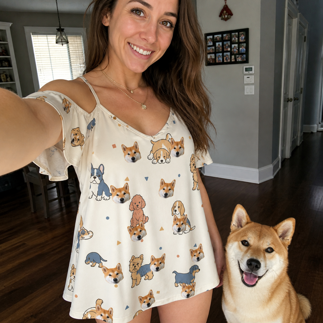 Selfie with the pet whose face is printed all over this Women's Woof Whimsy Custom Dog Face Off-Shoulder Dress