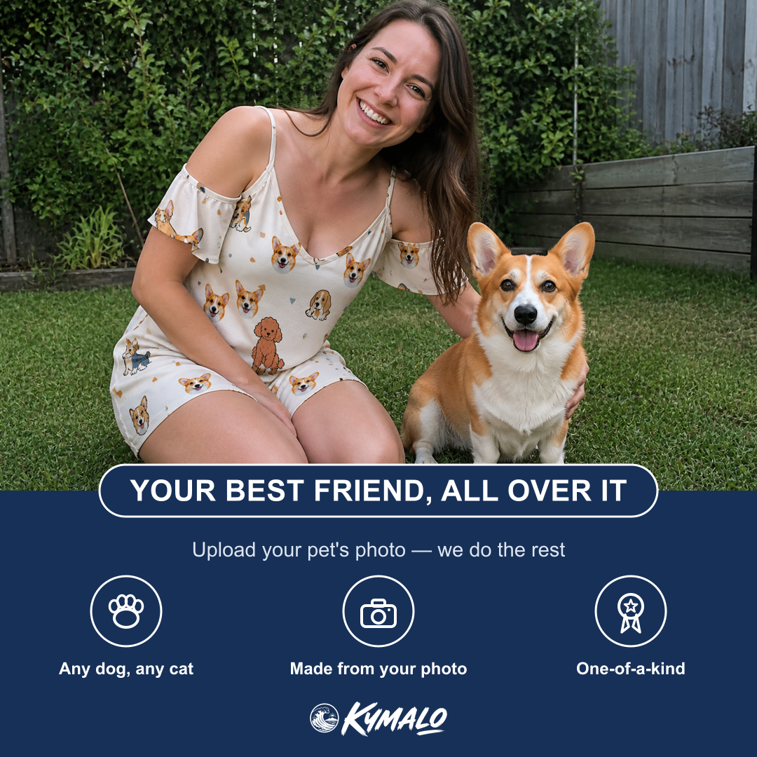 Friends in matching Women's Woof Whimsy Custom Dog Face Off-Shoulder Dress — a group gift photo