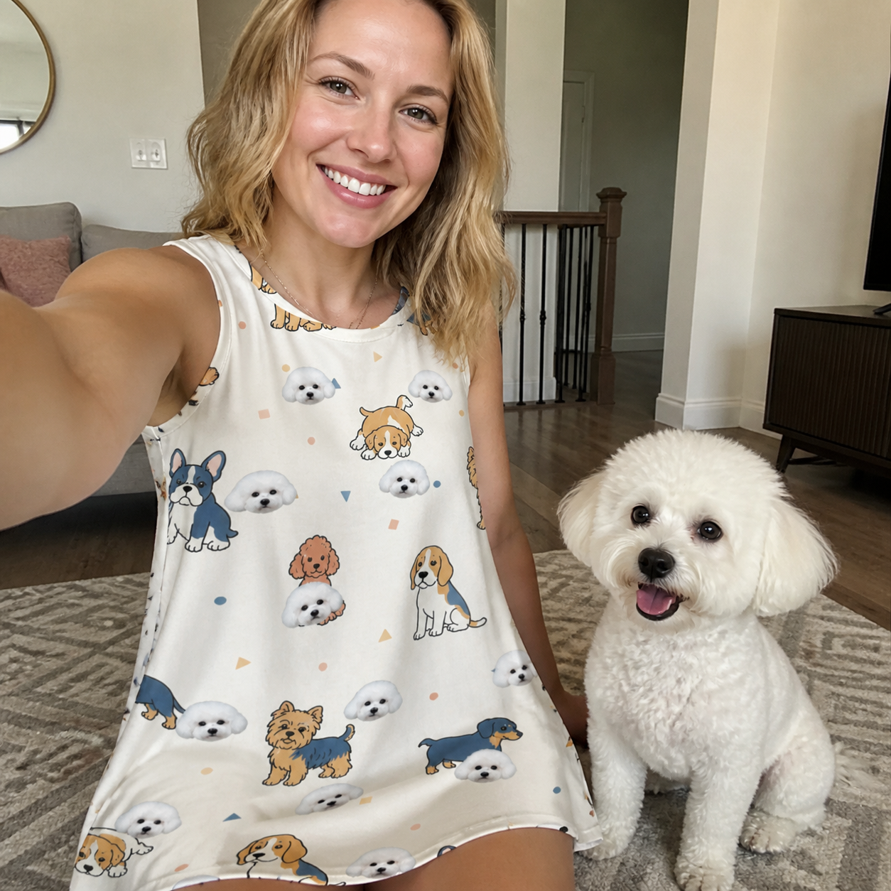 Selfie with the pet whose face is printed all over this Women's Woof Whimsy Custom Dog Face Tank Dress