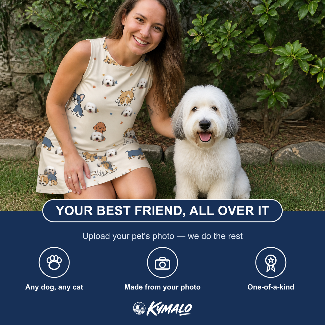 Friends in matching Women's Woof Whimsy Custom Dog Face Tank Dress — a group gift photo