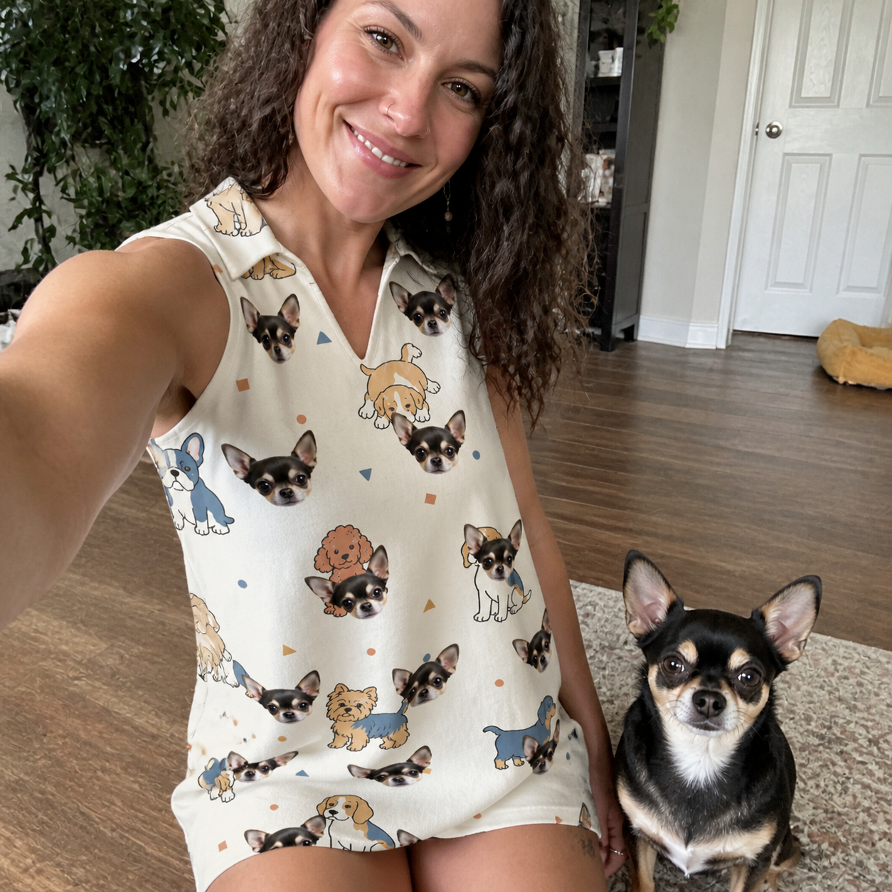 Selfie with the pet whose face is printed all over this Women's Woof Whimsy Custom Dog Face V-Neck Dress