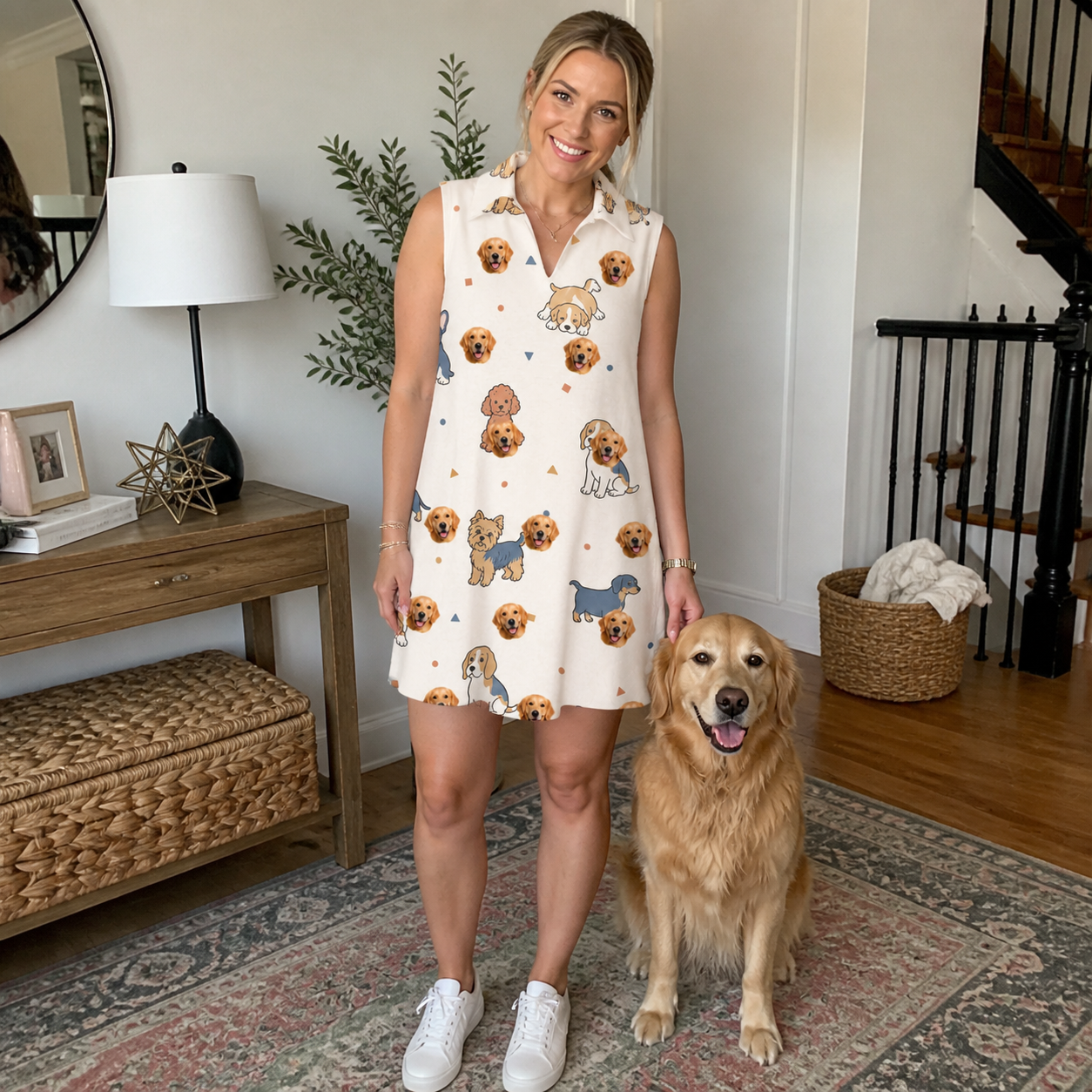 Full-length photo with the pet printed all over this Women's Woof Whimsy Custom Dog Face V-Neck Dress