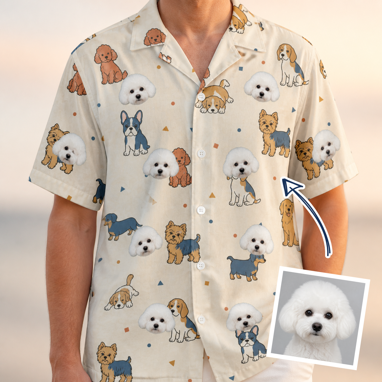 Man wearing Men's Woof Whimsy Custom Dog Face Hawaiian Shirt — custom faces printed all-over